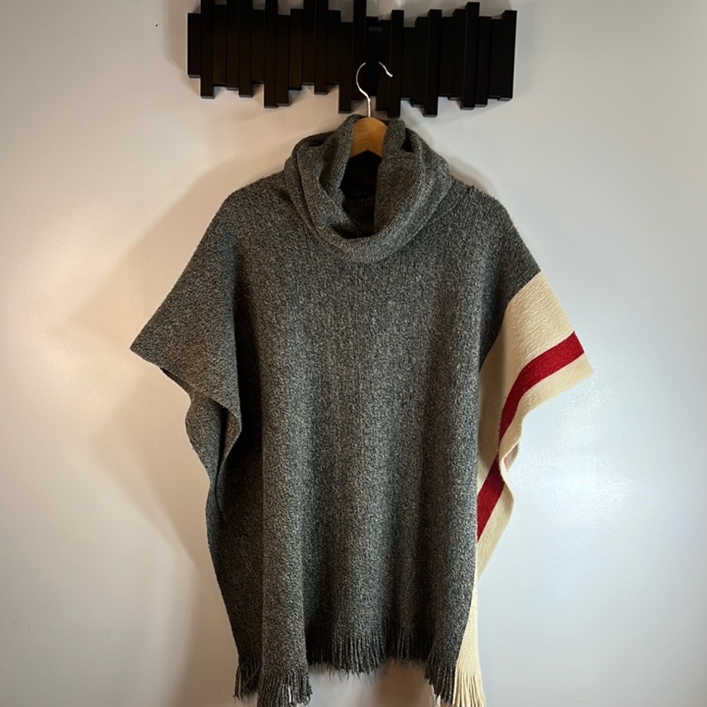 Roots Gray and Red Knitted Poncho with Turtleneck